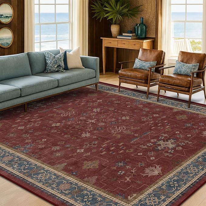 7x9 Dining Room Rugs for Under Table - Vintage Burgundy Boho Living Room Rug, Lightweight Washable Soft Floor Carpet,Southwestern Bed Room Décor Aesthetic