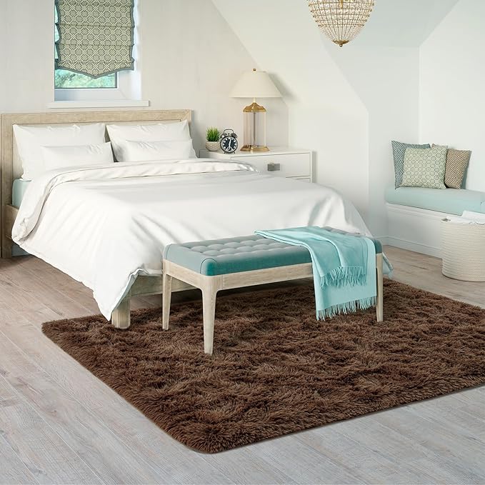 Goideal Fluffy Rug for Bedroom Living Room, 3x5 Brown Area Rugs, Faux Fur Shag Modern Carpet Ultra Soft Girls Boys Room Home Decor, Solid