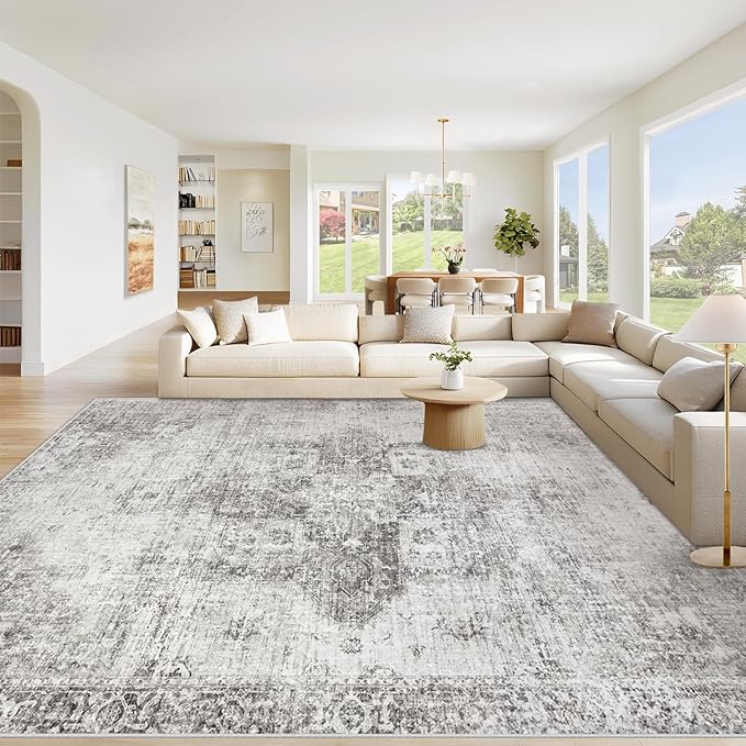 Area Rug 8x10 Washable Rug, Vintage Boho Medallion Rugs Non-Slip Soft Low Pile Large Distressed Rug Indoor Retro Carpet for Living Room Bedroom Dining Room Home Office (Grey, 8'x10')