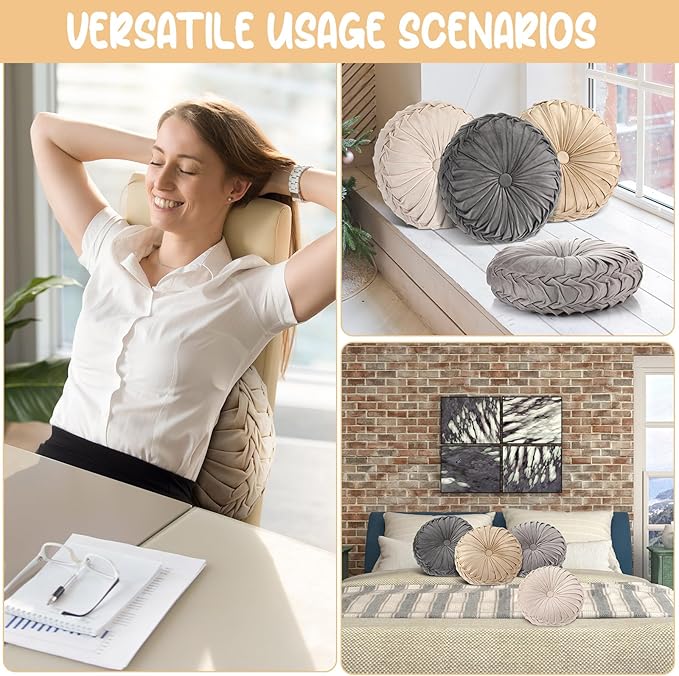 Kathfly Set of 4 Decorative Round Pleated Throw Pillows, Classy Velvet Pumpkin Round Throw Pillows, Decorative Floor Pillow for Bed Chair Home Sofa Decor, 14" Diameter(Multicolor)