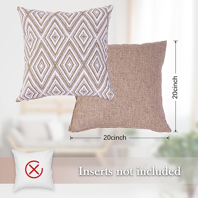 HPUK Decorative Throw Pillow Covers Set of 4 Geometric Design Linen Cushion Cover for Couch Sofa Living Room, 20"x20" inches, Light Brown