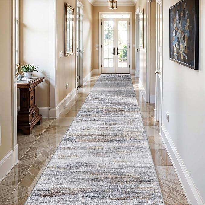 3x12 Washable Hallway Runner Rug: Extra Long Runners for Entryway Living Room Dining Room - Stain and Water Resistant Rugs with Non-Slip Backing - Soft Low-Pile Carpet 12ft Beige Grey