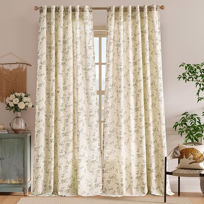 Lazzzy Farmhouse Linen Curtains Extra Long Green Floral Curtains 108 Inch Length Back Tab Drapes for Living Room Bedroom Light Filtering Country Vintage Rod Pocket, 2 Panels, Green on Beige