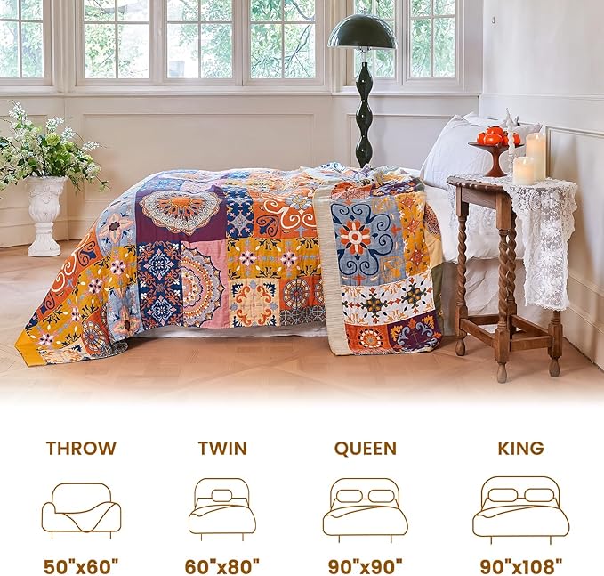 MSGKV Boho Throw Blanket for Bed 90"x90" 100% Cotton Blanket Spring Breathable Lightweight Queen Size Blankets Home Decor Muslin All Seasons