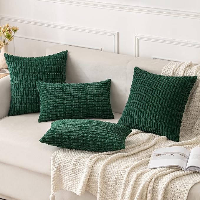 MIULEE Pack of 2 Dark Green Corduroy Decorative Euro Sham Pillow Covers 24x24 Inch Soft Boho Striped Throw Pillow Covers Modern Farmhouse Home Decor for Sofa Living Room Couch Bed