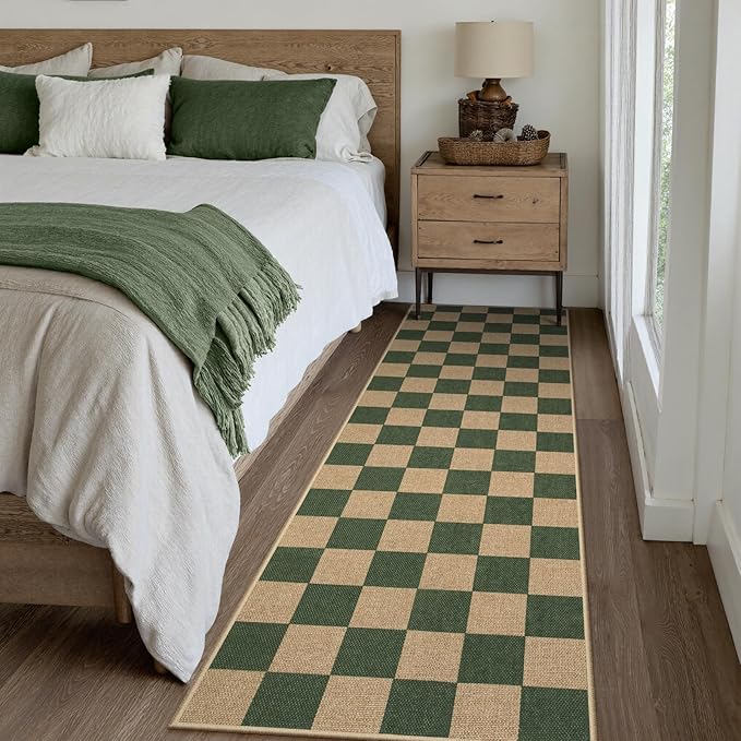 Lahome Colette Checkered Outdoor Runner Rug, 2x8 Green Kitchen Runner Rugs for Non Skid Washable Entryway Carpet, Checkerboard Non Slip Non Shedding Carpet for Bedroom