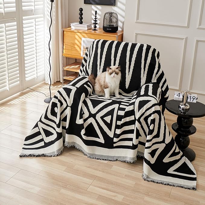 HANDONTIME Armchair Boho Sofa Covers for Dogs - Black & Beige Chenille Slipcovers for Chair, Recliner & Sectional Couch - Pets Protector - 71" x 71"