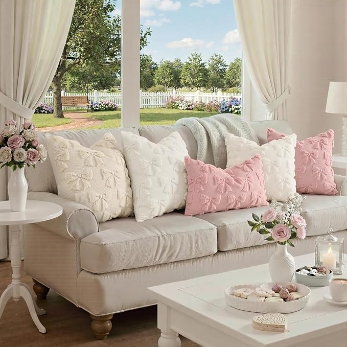 decorUhome Pink Bow Pillow Covers Set of 2 Coquette Aesthetic Cute Preppy Plush Faux Pillowcases for Girly Bedroom or Couch 20x20 Inch