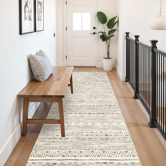 3x10 Washable Hallway Runner Rug - Moroccan Non-Slip Long Runners for Entryway Soft Modern Geometric Low-Pile Rugs for Kitchen Waterproof Neutral Carpet for Bedrooom Bathroom Laundry 3x10 Beige