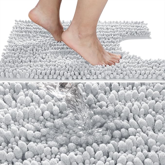 U-Shaped Chenille Toilet Rug, 24x24 Inch, Silver, Machine Washable