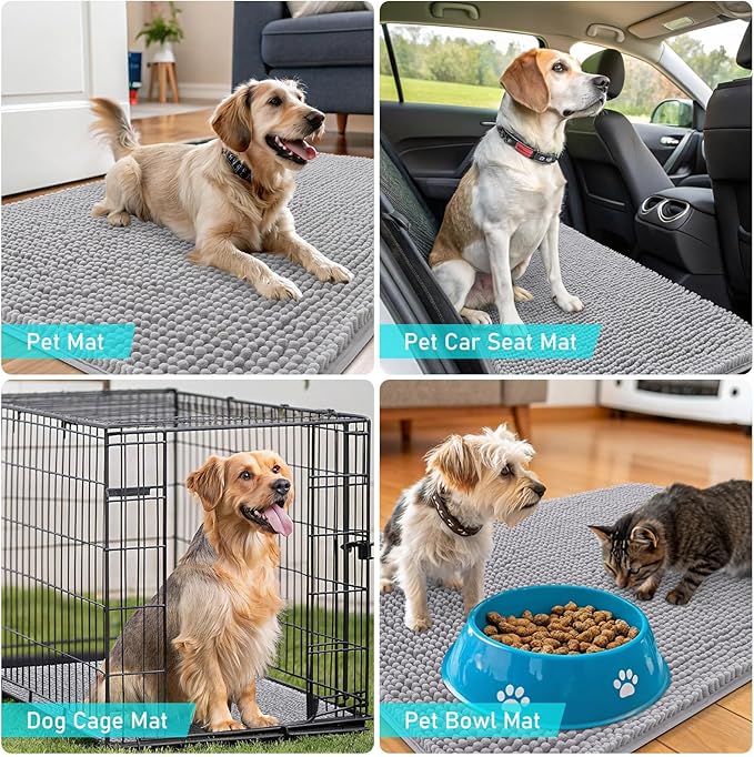 OLANLY Dog Door Mat for Muddy Paws 54x24, Absorbs Moisture and Dirt, Absorbent Non-Slip Washable Doormat, Quick Dry Chenille Mud Mat for Dogs, Entry Indoor Entryway Carpet for Inside Floor, Light Grey