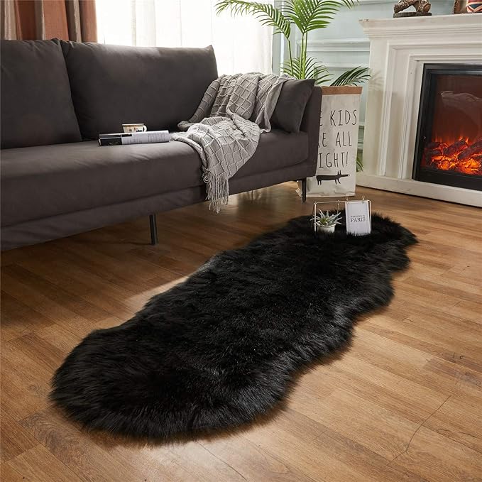 EasyJoy Ultra Soft Fluffy Shaggy Area Rug Faux Fur Rug Chair Cover Seat Pad Fuzzy Area Rug for Bedroom Floor Sofa Living Room (2 x 6 ft Sheepskin, Black)