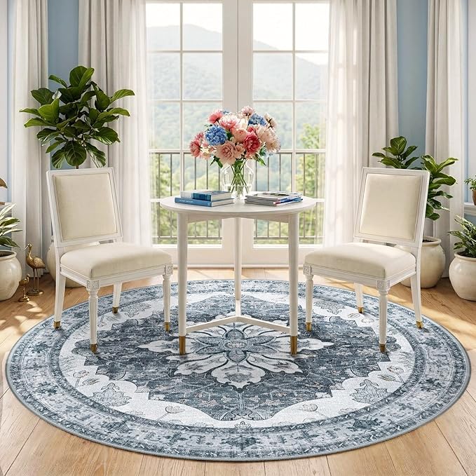 RELEANY Area Rugs 5ft Washable Non-Slip, Floral Vintage Distress Print Pattern Medallion Carpet for Living Room Bedroom Dining Room, Light Gray Grey White