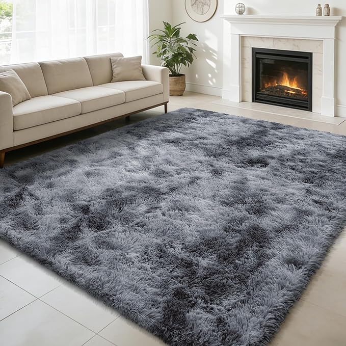 9x12 Fluffy Area Rugs for Living Room,Large Fuzzy Shag Area Rug for Bedroom,Soft Non-Shedding Indoor Plush Carpet for Kids Bedroom Nursery Home Decor,Tie-Dyed Black