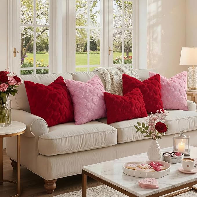 decorUhome Valentine’s Day Soft Plush Throw Pillow Covers 20x20 Inch Set of 2, Faux Fur Red Heart Decoration Neutral Square Pillow Covers for Couch Sofa Bed Cozy Farmhouse Holiday Decor