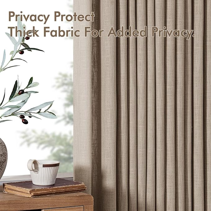 MIULEE Pinch Pleated Thick Linen Curtains 84 Inches Long 2 Panels for Living Room Bedroom, Memory Trained Drapes Pleat Back Tab Light Filtering Grey Beige Window Curtains with Hooks&Rings