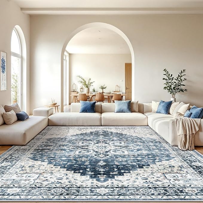 AMADA HOMEFURNISHING 10x14 Washable Area Rug, Low-Profile Large Area Rug with Non-Slip Backing & Durable Edge Binding, Vintage Large Rugs for Living Room, Bedroom & Dinning Room