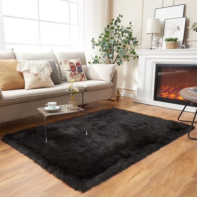 EasyJoy Ultra Soft Fluffy Shaggy Area Rug Faux Fur Rug Chair Cover Seat Pad Fuzzy Area Rug for Bedroom Floor Sofa Living Room (4 x 6 ft Rectangle, Black)