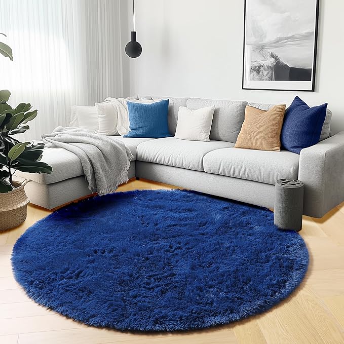ONASAR Navy Blue Round Rugs 6ft for Living Room Bedroom, Fluffy Circle Area Rug for Kids Girls Boys Teen, Soft Plush Shaggy Carpet for Nursery Dorm Classroom Playroom Home Decor Aesthetic