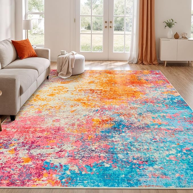 Rugflix 6x9 Area Rugs for Living Room, Washable Large Multicolor Rug Stain-Resistant Low Pile, Modern Carpet for Dining Room Home Office Kid Room Nursery Bedroom, Colorful Rainbow