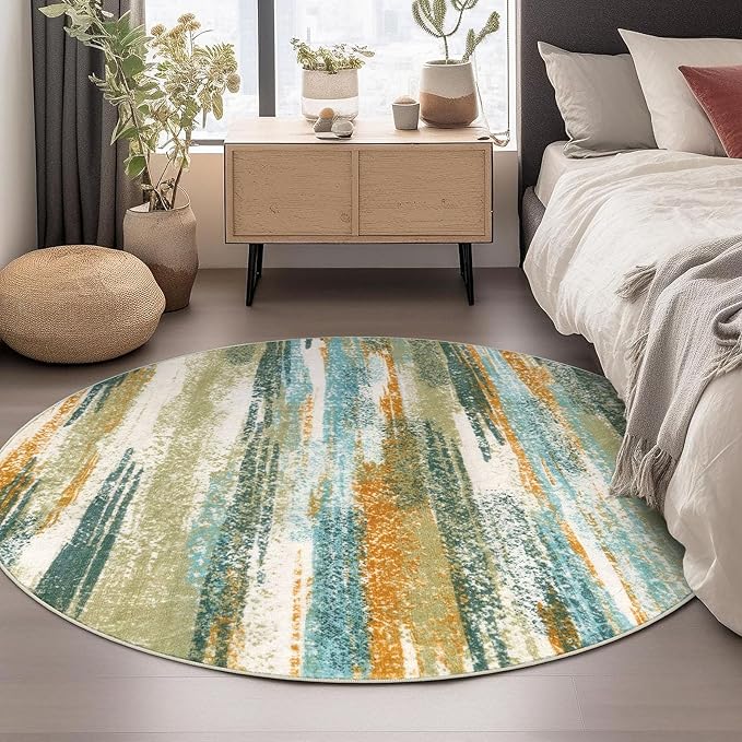 Lansny Modern Abstract Round Rug 6Ft, Green Mustard Multi Washable Non-Slip Circle Rug, Soft Circular Dining Room Rug Thin Print Faux Wool Carpet for Bedroom Living Room Office Playroom
