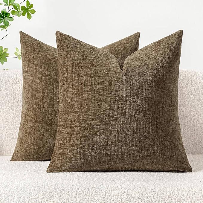 MIULEE Pack of 2 Coffee Throw Pillow Covers 18x18 Inch Soft Chenille Pillow Covers for Sofa Living Room Couch Solid Dyed Cases