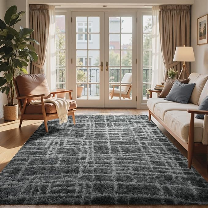 6x9 Ft Large Shag Rugs for Living Room Decor, Tie-Dyed Ultra Soft Fluffy Furry Area Rugs for Bedroom Indoor Floor, Aesthetic Carpet for Kids Home (Grey)