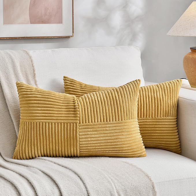 Fancy Homi 2 Packs Mustard Yellow Decorative Throw Pillow Covers 16x26 Inch for Living Room Couch Bed, Rustic Farmhouse Boho Home Decor, Soft Striped Corduroy Rectangle Accent Cushion Case 65x40 cm