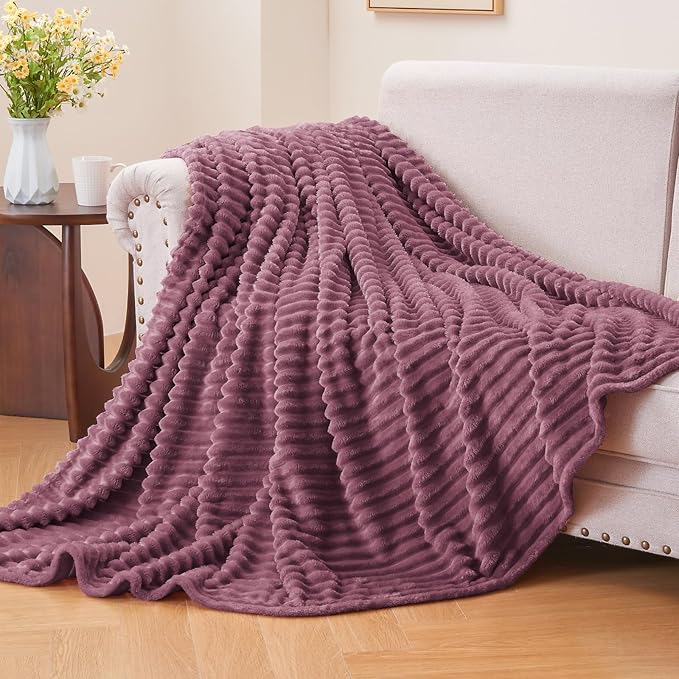 BEDELITE Fleece Blanket Twin Size – 3D Ribbed Jacquard Soft and Warm Decorative Fuzzy Blankets – Cozy, Fluffy, Plush Lightweight Throw Blankets for Couch, Bed, Sofa(Plum, 60x80 inches)