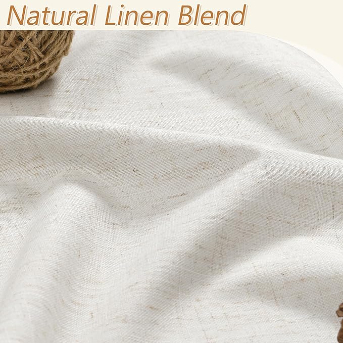 Beige White 100% Blackout Linen Curtains 100 Inch Length 2 Panels Set for Living Room Bedroom Back Tab Thermal Insulated Black Out Drapes Room Darkening Farmhouse Style for Bedroom Window Curtains