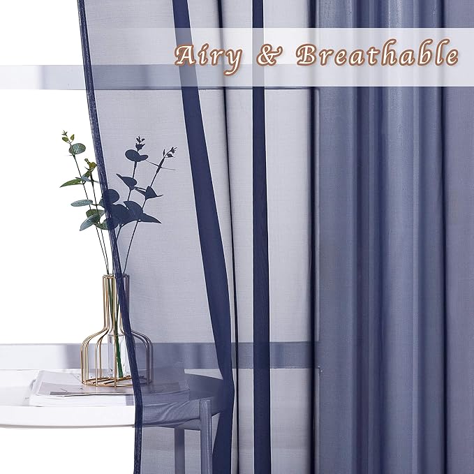 NICETOWN Sheer Voile Curtain Panels - Transparent Grommet Top Sheer Window Treatment Curtains for Living Room (W54 x L96 Inches, Dark Blue, 2 Pieces)