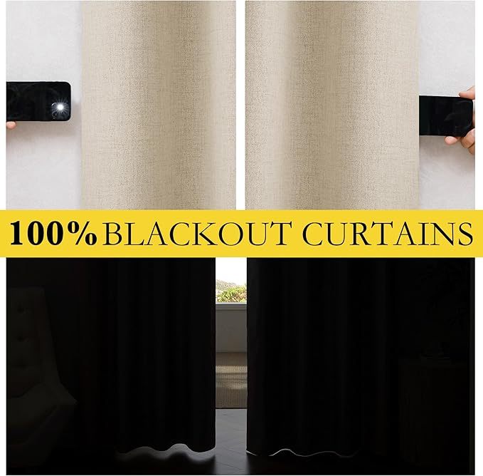 NICETOWN Cream 100% Blackout Linen Curtains 95 inch Long Burg for Living Room, 1 Pair, 62" Width Each Panel, Farmhouse Thick Completely Blackout Window Treatment Thermal Insulated Drapes