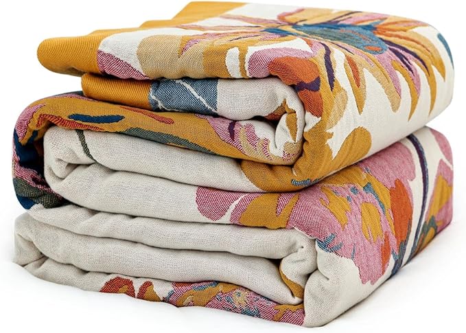 MSGKV Boho Throw Blanket Queen Size 90"x90" Cotton Blanket for Bed Spring Breathable Throw Blanket for Living Room Home Decorative