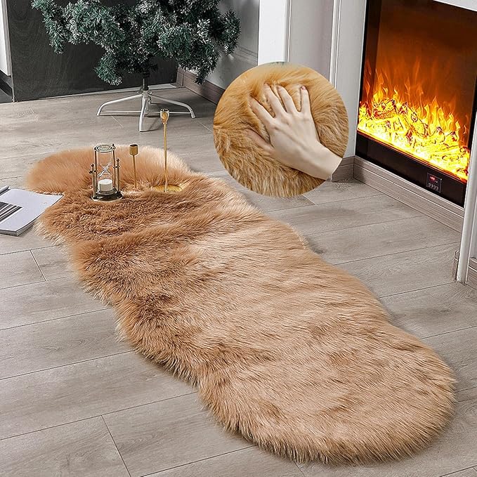 linmopm Faux Fur Rug Sheepskin Shag Fluffy Fuzzy Beige 2x6 ft Runner Rugs for Bedroom Bedside Bed Floor Living Room Plush High-Density Cushion Carpet Super Sofa Cover