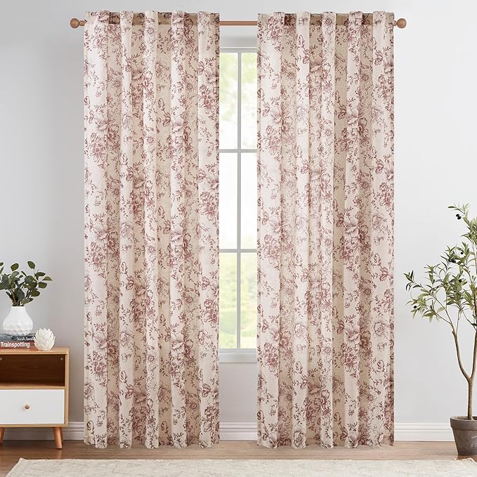 jinchan Linen Blend Curtain Floral Curtains for Living Room 84 Inch Length Farmhouse Brick Red Printed Curtain Rod Pocket Back Tab Peony Flower Patterned Drapes Curtains Set 2 Panels