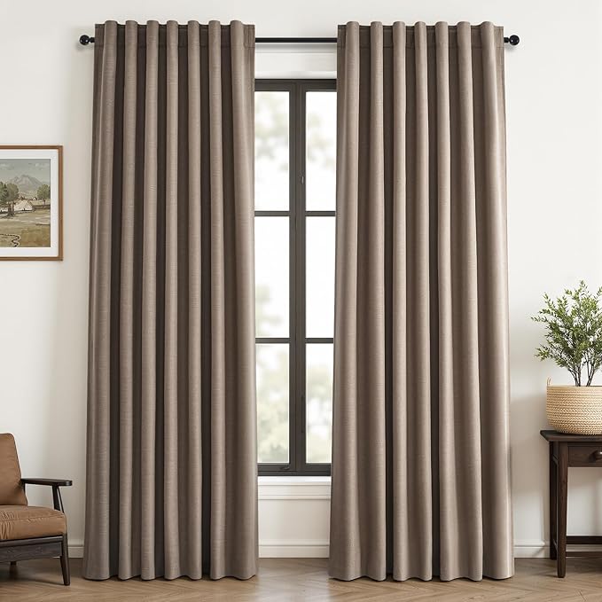 Topfinel 90 inch Long Linen Blackout Curtains 2 Panels for Bedroom Living Room 100% Black Out Linen Texture Curtain Elegant Farmhouse Window Drapes with Back Tab Rod Pocket Room Darkening Drape Taupe