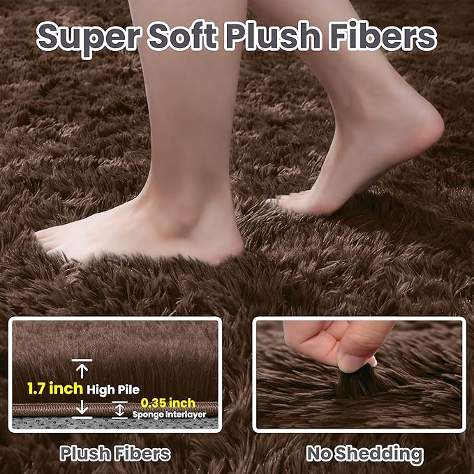 2x6 Bedside Area Rugs for Bedroom: Soft Fluffy Shag Brown Rug for Hallway, Non-Slip Fuzzy Plush Living Room Rug Indoor Floor Carpet for Kids Rooms, Dorm, Nursery, Modern Home Aesthetic Decor