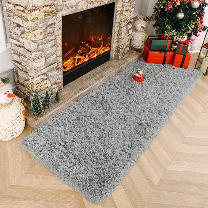 Amearea Shag Fluffy Runner Rug for Bedroom Girls Living Room, 2x6 Feet Extra Soft and Fuzzy Shaggy Rugs, Non Slip, Indoor Floor Long Carpet Mat for Boys Nursery Home Decor, Grey