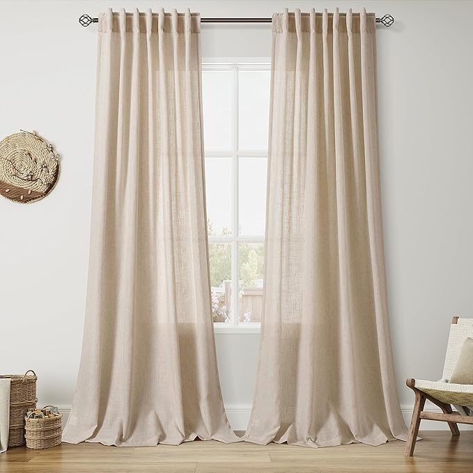 Nanspring Grey Flax Curtains 90 Inch Length 2 Panels Set for Living Room Linen Blend Light Filtering Mordern Boho Sheer Curtain Back Tab and Rod Pocket Neutral Drapes for Bedroom Office 52x90