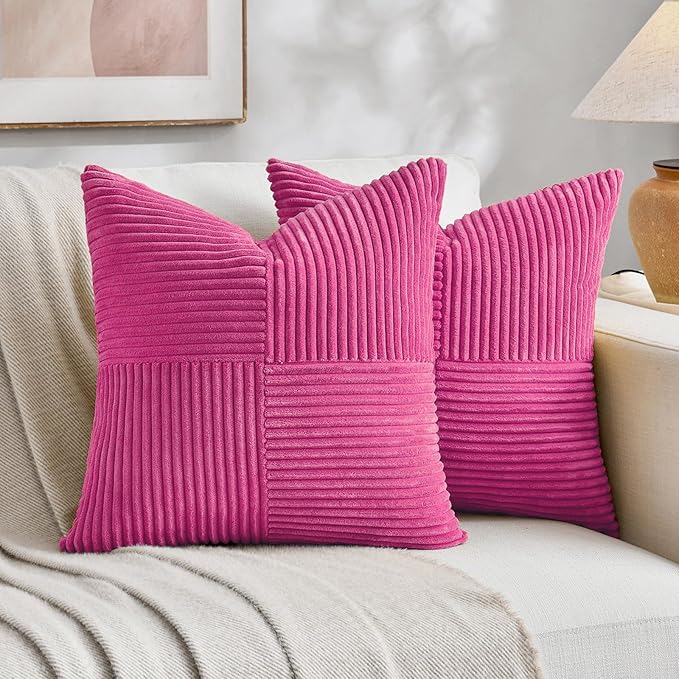 Fancy Homi 2 Packs Hot Pink Decorative Throw Pillow Covers 16x16 Inch for Living Room Couch Bed Sofa, Rustic Farmhouse Boho Home Decor, Soft Corss Patchwork Corduroy Textured Cushion Case 40x40 cm