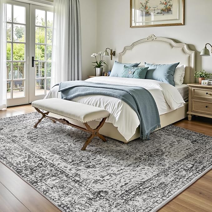 Lofus 8x10 Area Rugs for Living Room, Washable Area Rug, Rugs for Bedroom, Kitchen, Vintage Boho Carpet, Soft Non-Slip, Low Pile Large Area Rug for Office Dining Room, Vintage Dark Grey