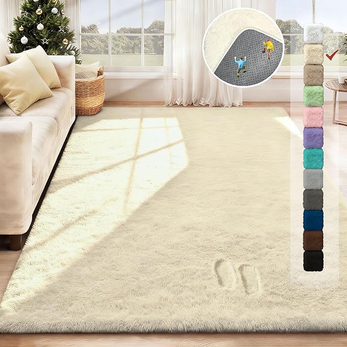 5x8 Area Rug for Living Room: Fluffy Shag Soft Washable Rugs Fuzzy Plush Indoor Carpet for Bedroom Nursery Playroom Dorm Kids Girls Boys Room (Cream White, 5'x8')