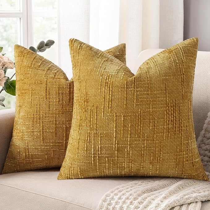 decorUhome Summer Mustard Yellow Chenille Throw Pillow Covers 18x18 Set of 2 Textured Soft Cozy Slubby Couch Pillow Covers Modern Farmhouse Boho Decorative Pillow Cases for Bed Sofa Living Room