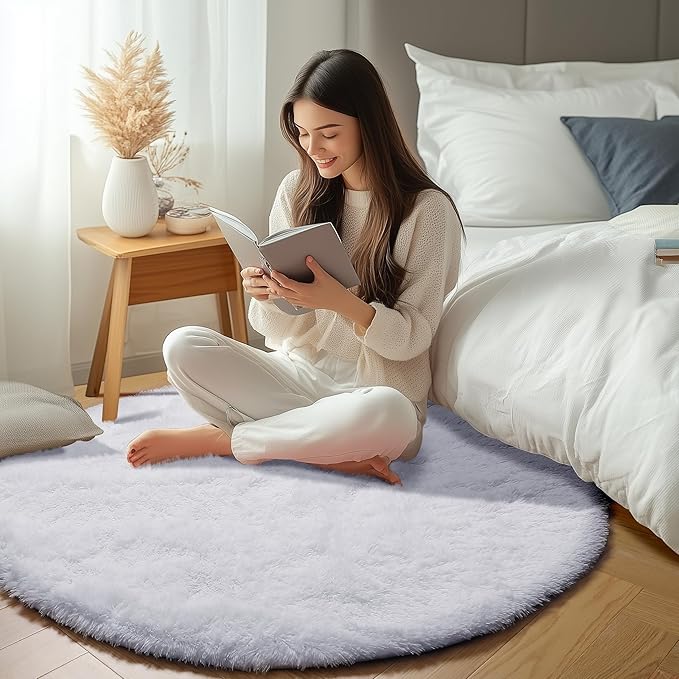 ONASAR White Round Area Rug 4ft, Soft Bedroom Circle Rugs Floor Mat for Kids Girls Boys Teen Room, Fuzzy Plush Shaggy Carpet for Baby Nursery Living Room Playroom Home Decor