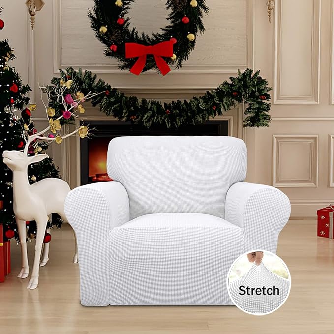 Easy-Going Stretch Chair Sofa Slipcover 1-Piece Couch Sofa Cover Furniture Protector Soft with Elastic Bottom for Kids, Pet. Spandex Jacquard Fabric Small Checks (Chair, Snow White)