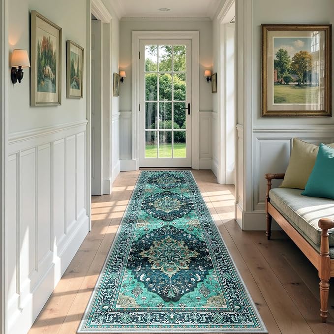 Area Rugs 2'x7' Runner Rug Non Slip Washable for Kitchen Hallway Bedroom Beside Laundry Room Bathroom Rug, Floor Carpet, Teal Green Lake Blue Turquoise
