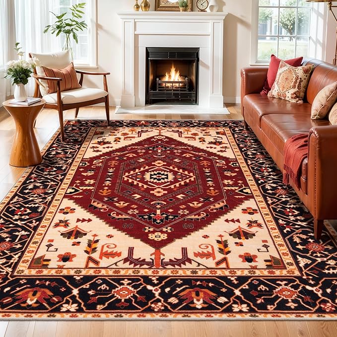 SERISSA 6x9 Area Rugs for Living Room, Large Washable Non-Slip Boho Rug, Ultra Soft Vintage Red Black Oriental Tribal Print Distressed Carpet for Dining Room Bedroom Dorm Office Home Decor