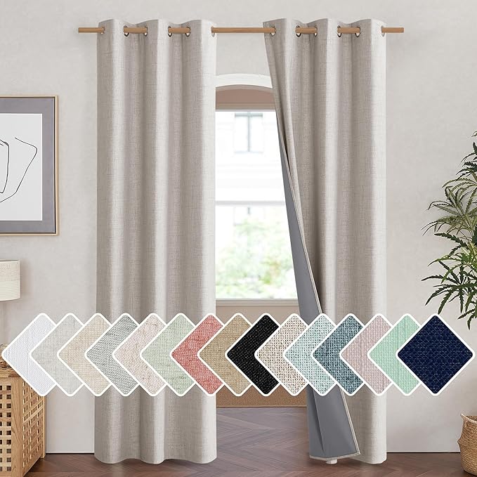 NICETOWN Brich Vintage Open Linen Weave Flax Thermal Curtains, 100% Blackout Curtains 84" Long for Dining Room, Soundproof Window Treatment Drapes for Hall Room, 42" Wide Per Panel, Set of 2