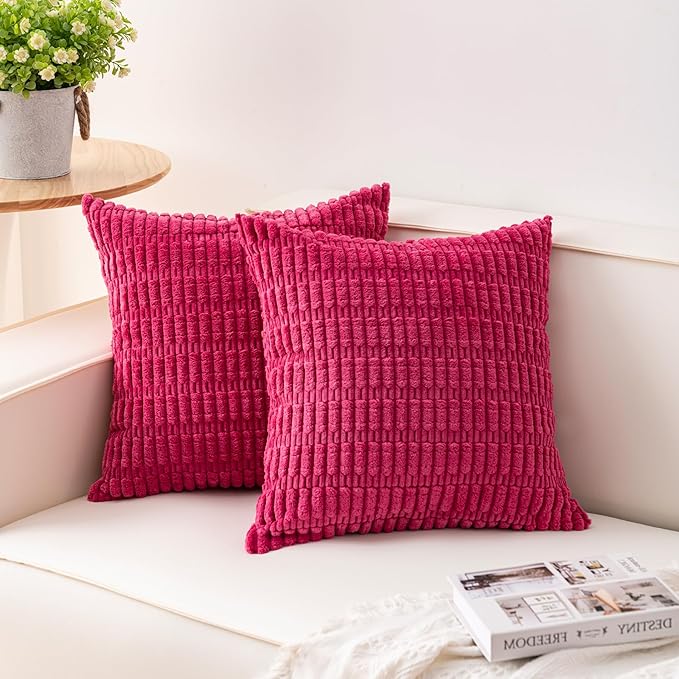 Pack of 2 Corduroy Decorative Throw Pillow Covers 16x16 Inch Soft Striped Pillow Covers Modern Farmhouse Home Decor for Sofa Living Room Couch Bed（Rose Red）