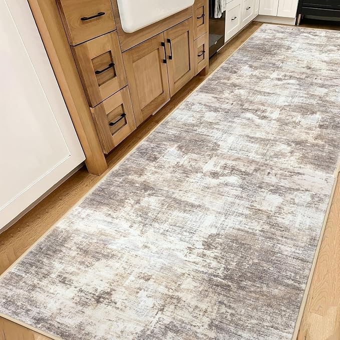 IOHOUZE Abstract Runner Rug 3x14 Ft Washable Runners for Hallways, Non Slip Kitchen Runner Printed Faux Wool Entryway Runner Indoor, Modern Abstract Floor Carpet for Hall Stair, Beige Brown